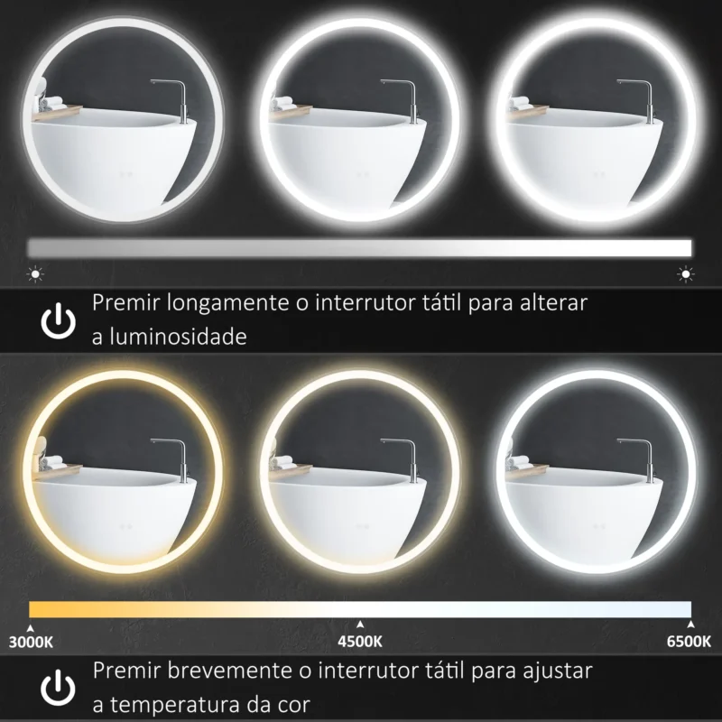 Espelho c/ Luz LED Regulável Ø60cm em Prata