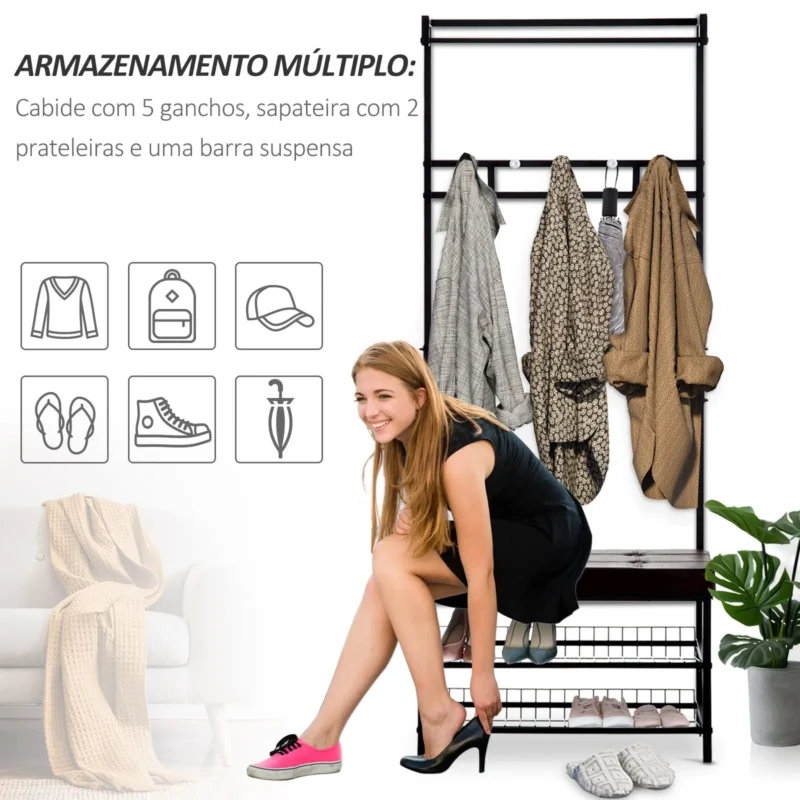 Cabideiro + Sapateira em Preto c/ Banco Castanho