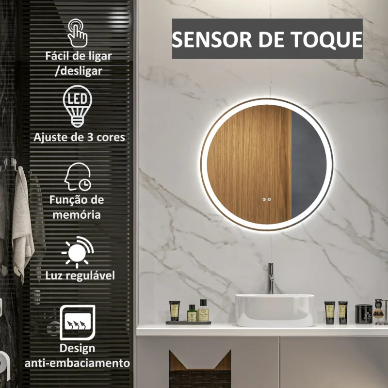 Espelho c/ Luz LED Regulável Ø60cm em Prata