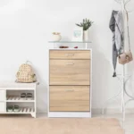 Sapateira c/ Bancada de Vidro em Branco e Madeira