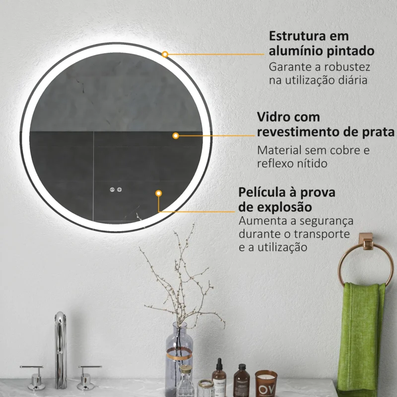 Espelho c/ Luz LED Regulável Ø60cm em Prata
